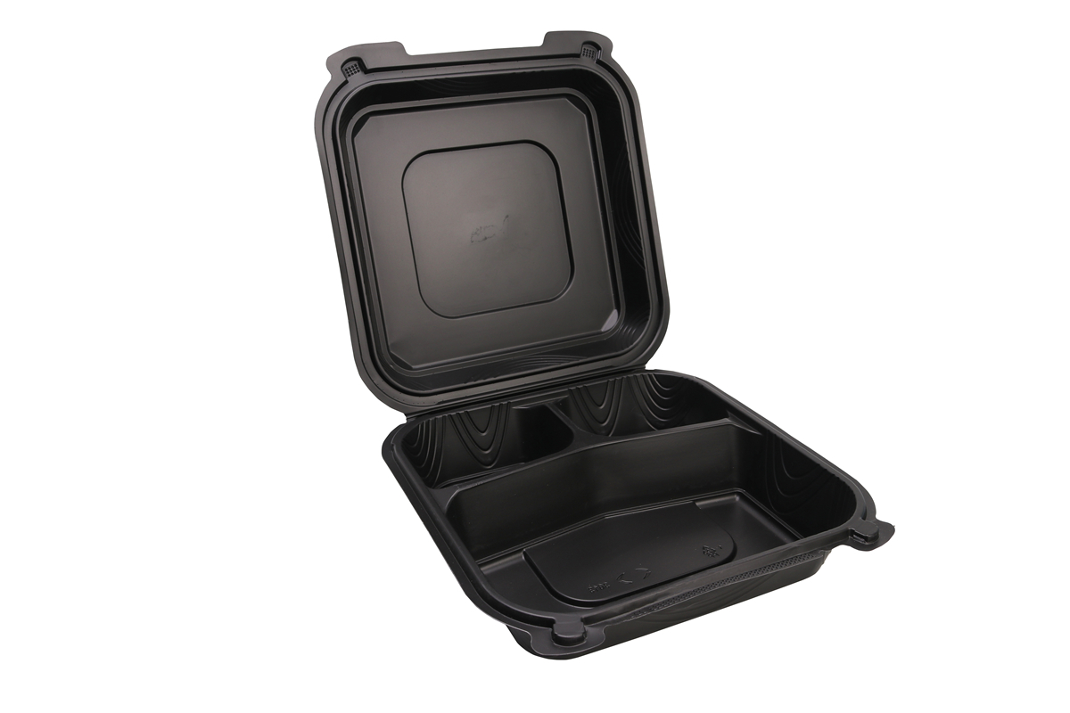 Disposable PP Lunch box with lid sealing black square three grid fast food box